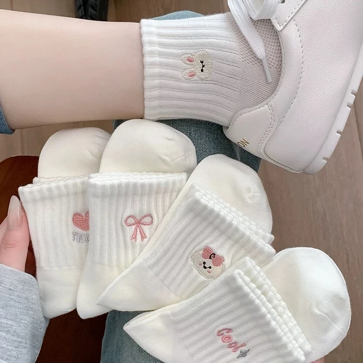 网面夏季薄款奶白袜子女中筒袜透气运动可爱粉色刺绣韩版春夏