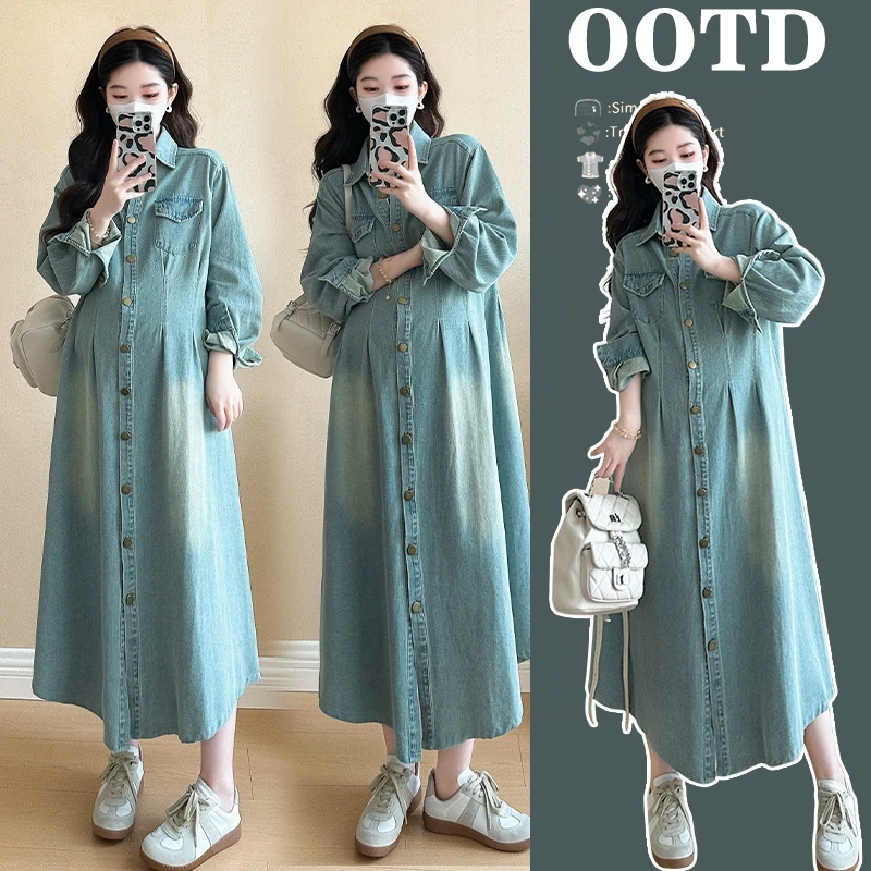 时尚孕妈韩版春装气质长裙显瘦长袖法式牛仔韩范连衣裙