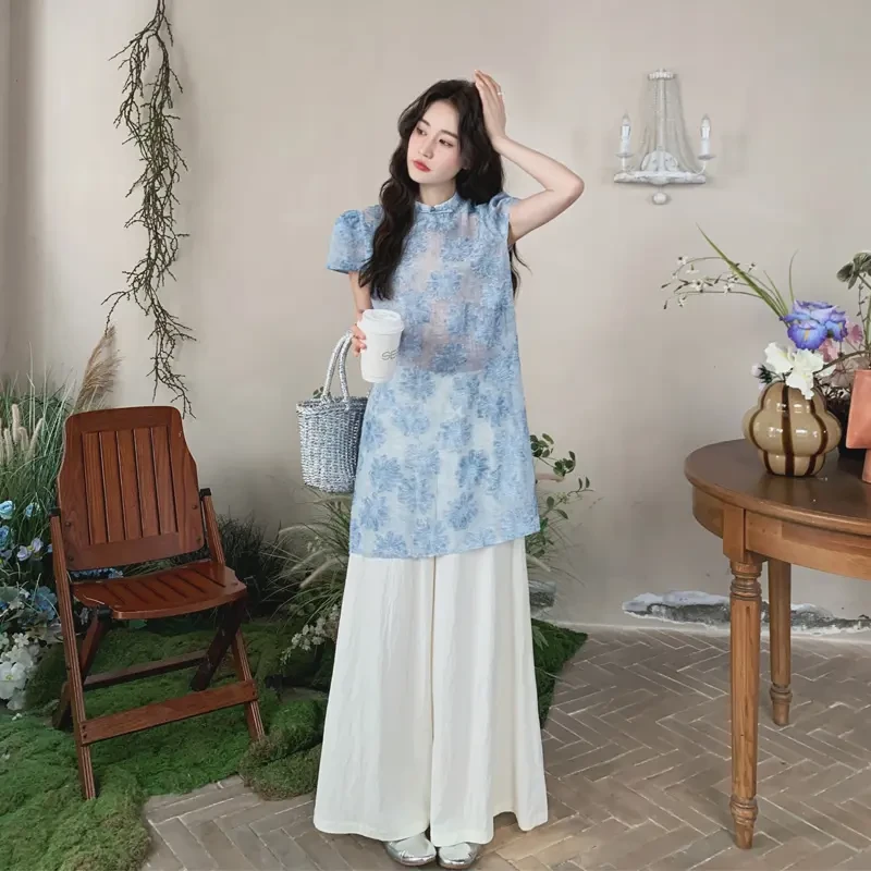 新中式刺绣套装裤女2025夏季新款改良旗袍式盘扣门襟上衣阔腿裤潮