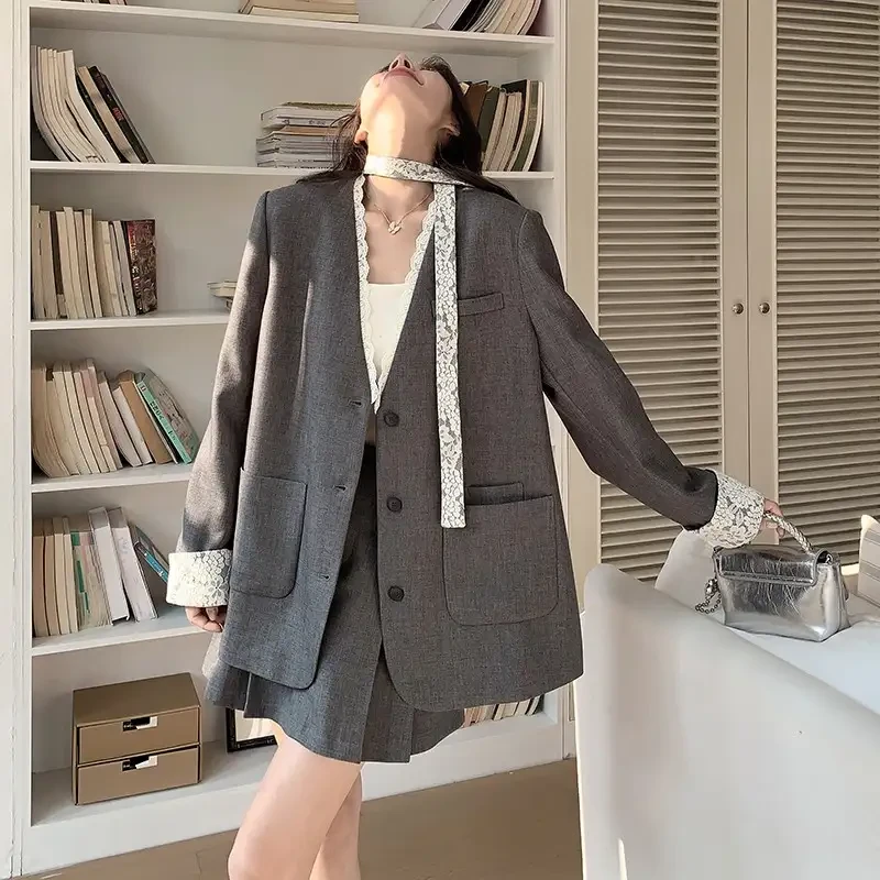 蕾丝飘带拼接西装外套半身裙套装女2025春新款韩系甜美气质小个子