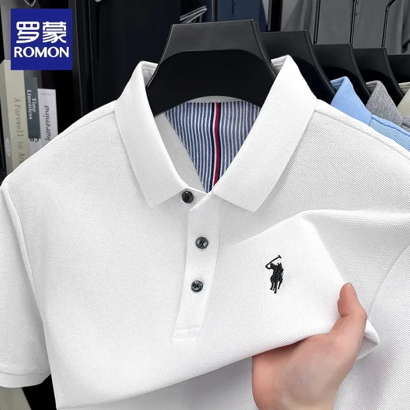 罗蒙男士2025夏新款100纯棉短袖POLO衫商务休闲免烫纯色翻领上衣