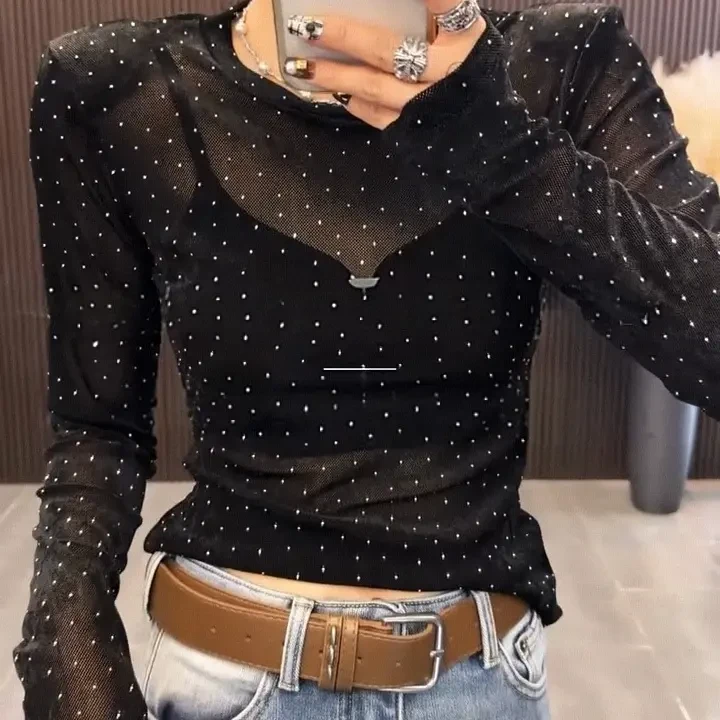 圆领植绒微透面料洋气打底衫