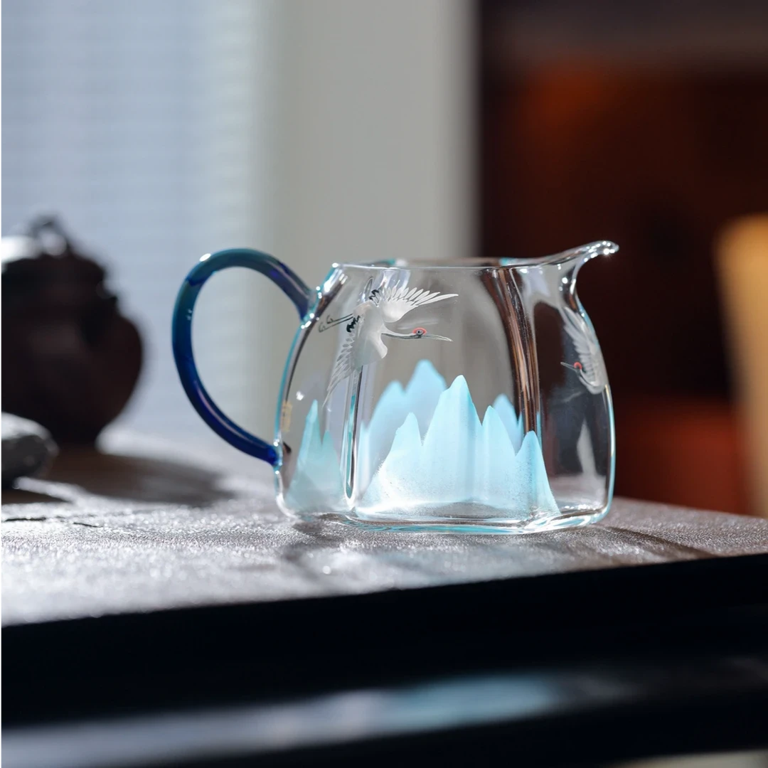 物肆禾器联名款青山仙鹤公道杯300ml 手绘高硼硅玻璃公道分茶器