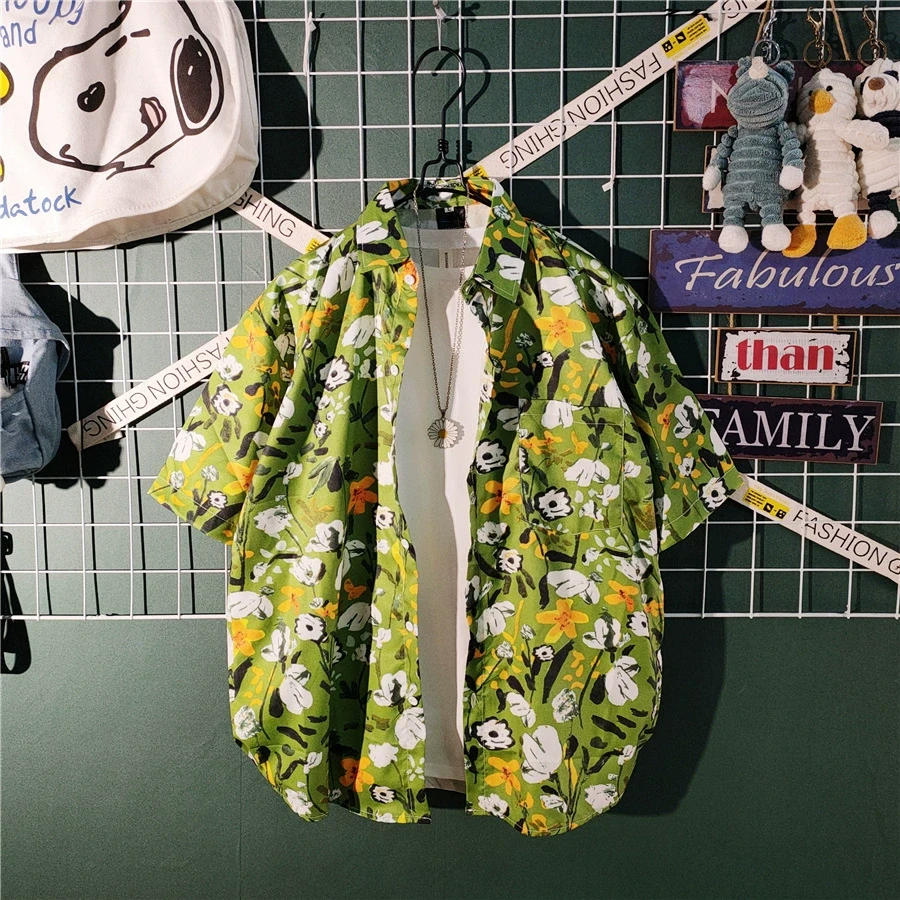 夏季潮牌冰丝花衬衫男短袖港风复古海边度假男装沙滩套装男装搭配