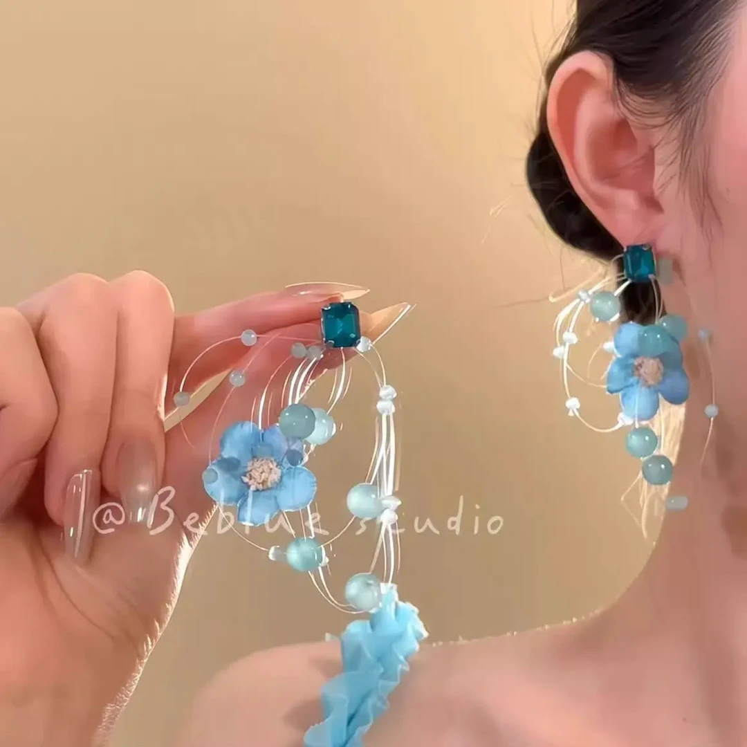 铜合金耳饰 蓝色花朵流苏耳坠甜美氛围感耳饰海边度假风耳环