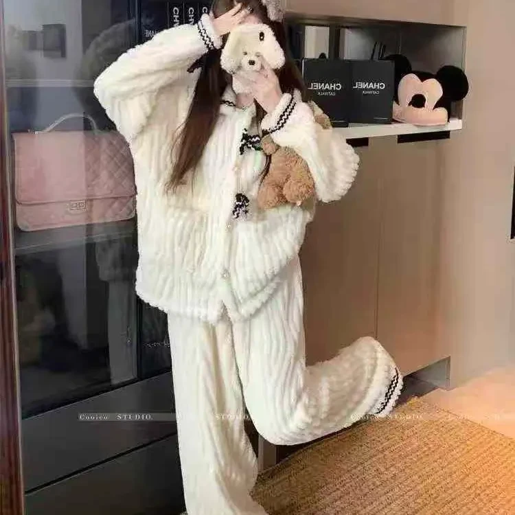 秋冬季加厚加绒珊瑚绒睡衣甜美公主风保暖家居服套装