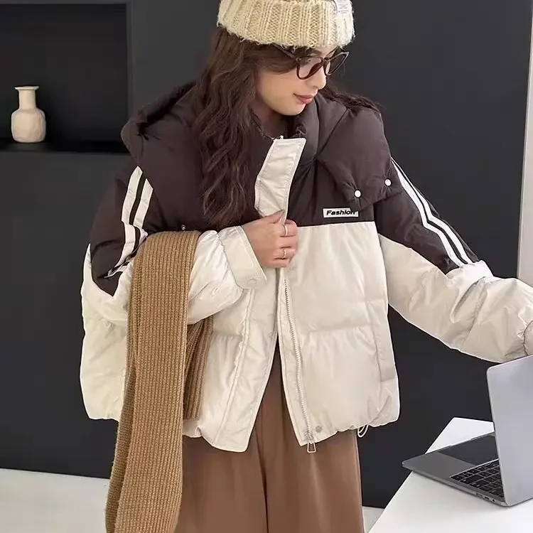 高蓬松款，拼色款，冬季新款韩版宽松短款连帽拼接加厚女士羽绒服