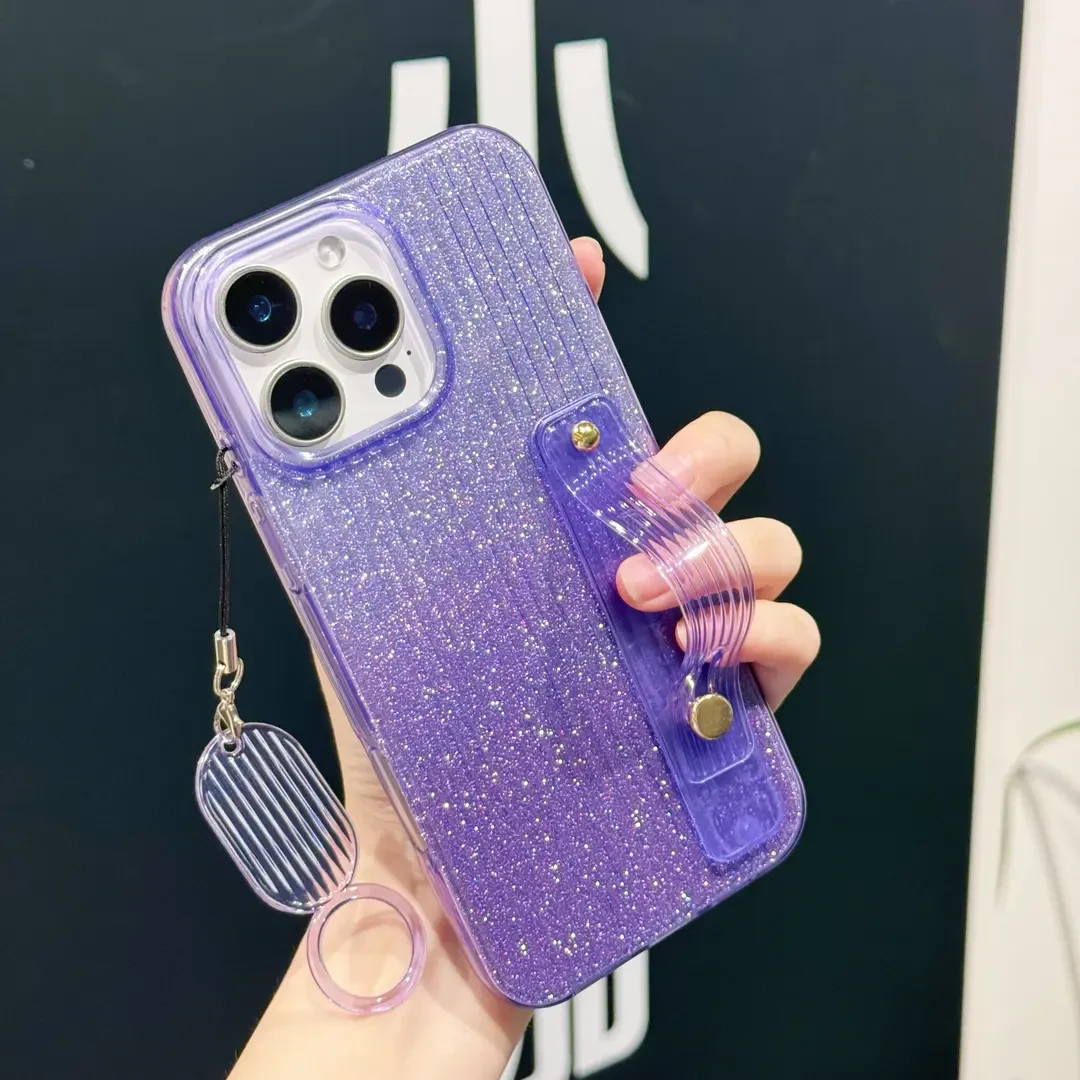 适用苹果16ProMax手机壳iPhone15腕带支架14细闪13透明挂绳支架套