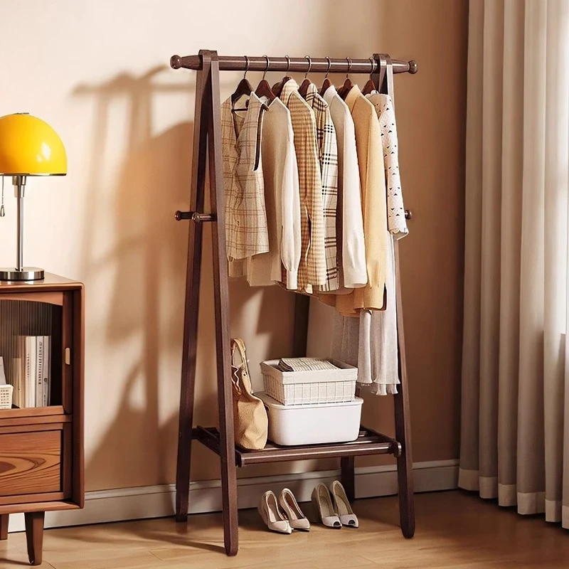 全实木衣帽架落地卧室家用榉木挂衣架房间简易可折叠置物晾衣架子