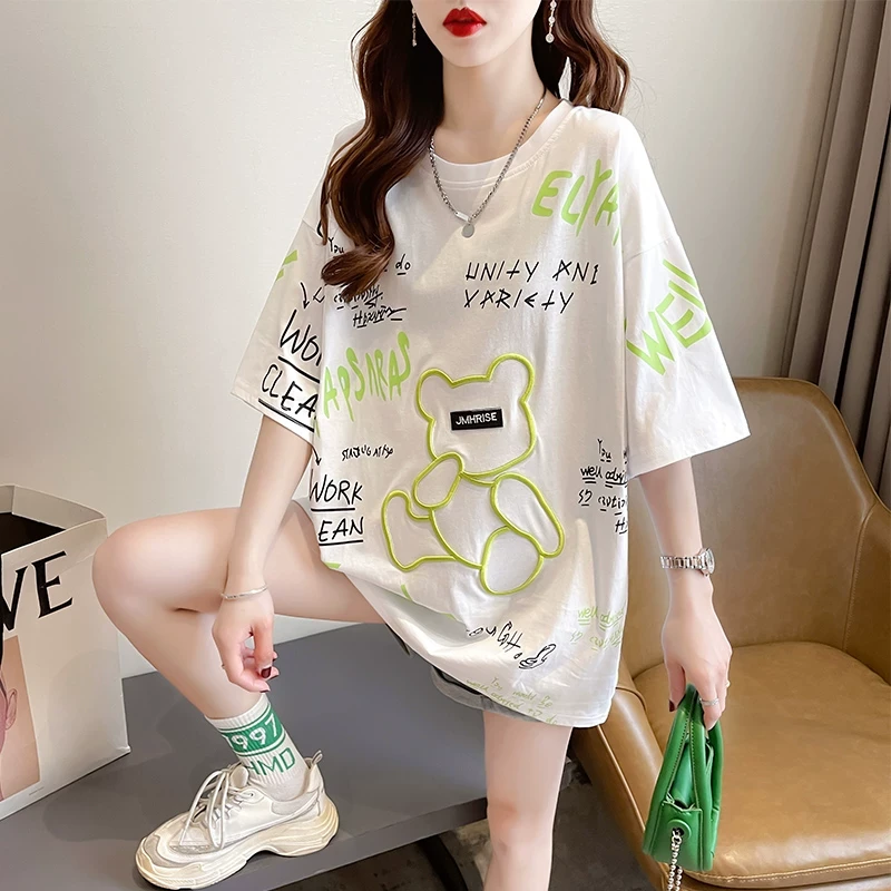 欧货重工小熊短袖恤女夏装2025新款大码女装宽松韩版中长款上衣