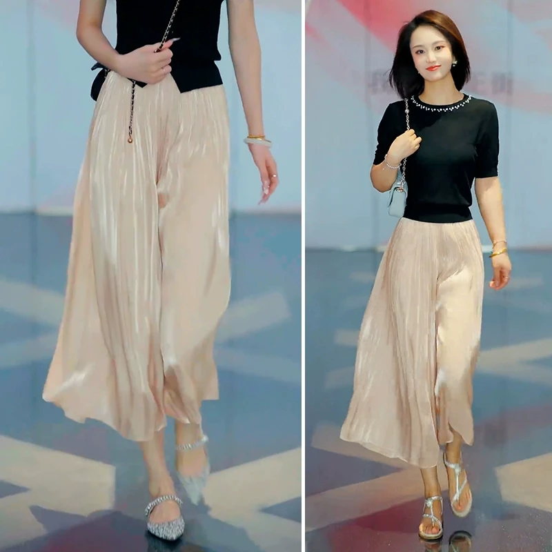 琉璃纱冰丝阔腿裤女2025夏季新款薄款高腰垂感裙裤休闲七八分裤子
