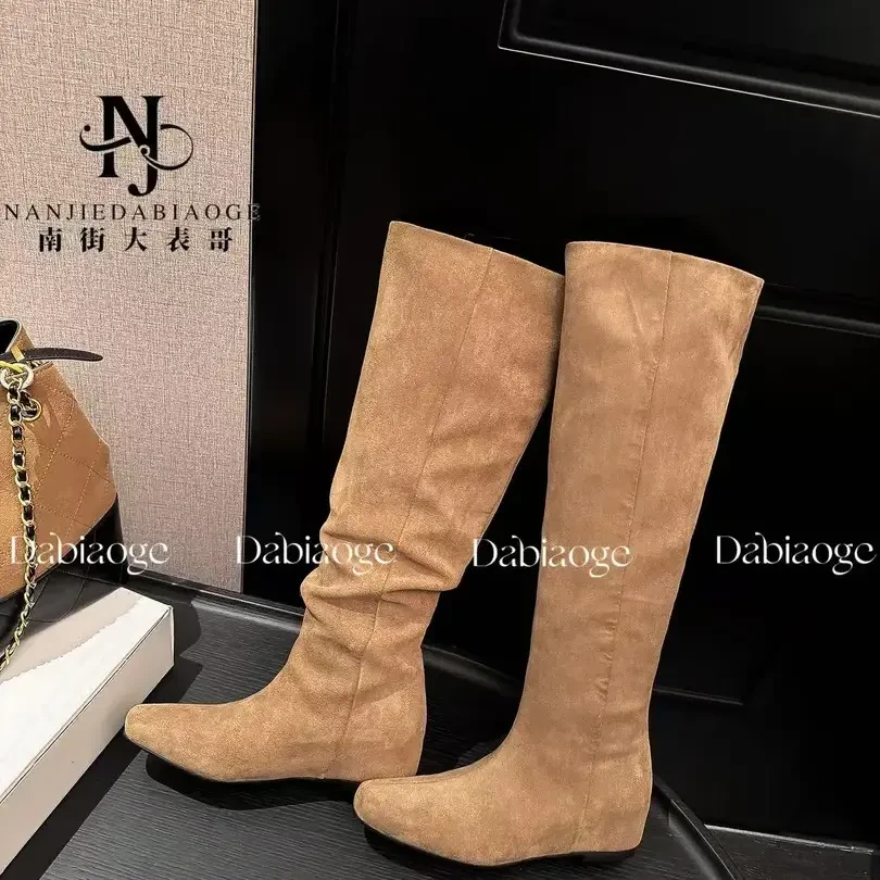 现货！5CM~两穿超显瘦藏肉堆堆靴直百搭净版极简内增高长靴法式女