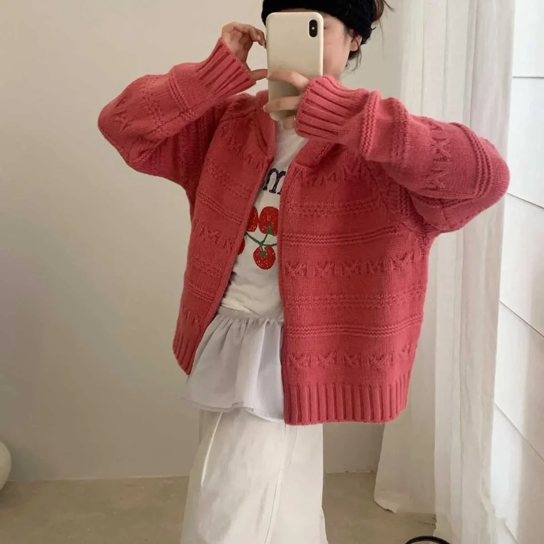 韩系立体麻花双拉链连帽针织开衫秋冬宽松百搭毛衣外套