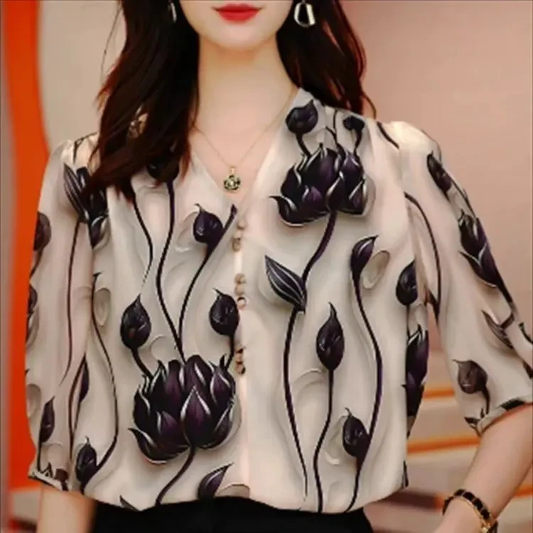 2025夏季高级感洋气时尚百搭显瘦短袖上衣气质春夏小众宽松印花