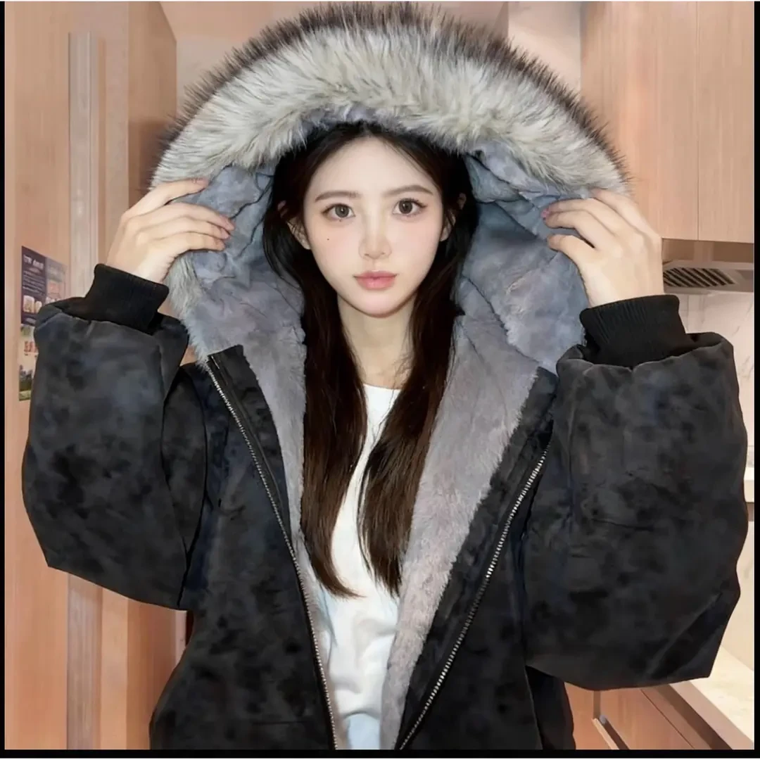2025设计感座山雕连帽棉衣男装冬季美式PU皮保暖加厚毛领棉服外套