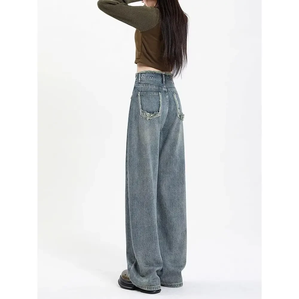 y8216阔腿牛仔裤女春夏新款梨型身材遮胯裤子复古高腰毛边拖地裤