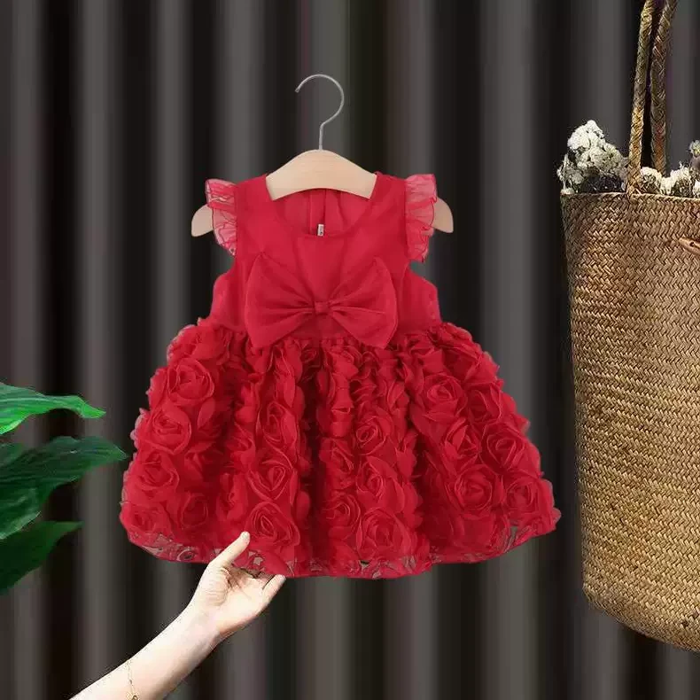 女童连衣裙夏季宝宝一周岁洋气礼服裙子红色小女孩百天婴儿公主裙