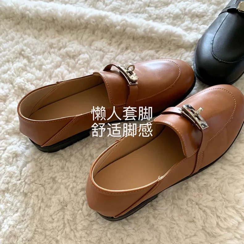 老钱！金棕！经典时髦~INS张元英款银扣复古小皮鞋女一脚蹬乐福鞋
