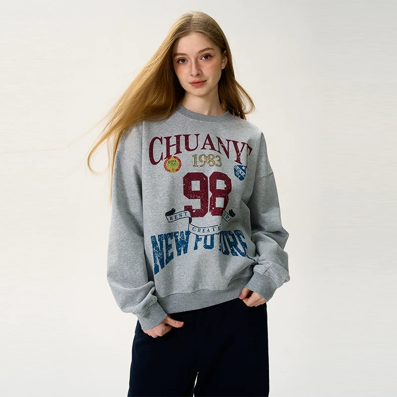 Don Cry 美式420G重磅毛圈圆领卫衣无帽女秋冬新款潮牌情侣上衣男