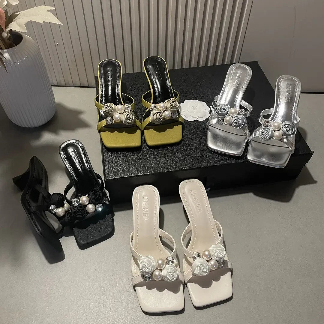 2025年夏季玫瑰珍珠组合网红时尚百搭小众法式简约风爆款凉拖-5CM