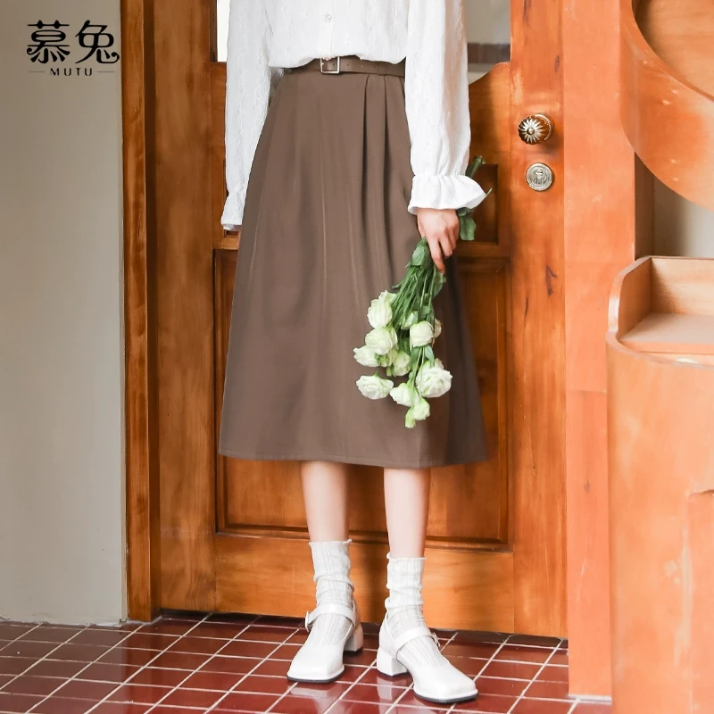 慕兔法式中长款半身裙女2024秋季新款小个子高腰显瘦百褶a字裙子