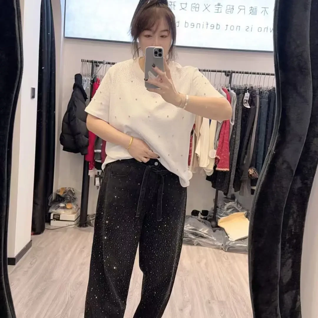 2026新款春季重工满天星亮钻设计弯刀拖地牛仔裤5121