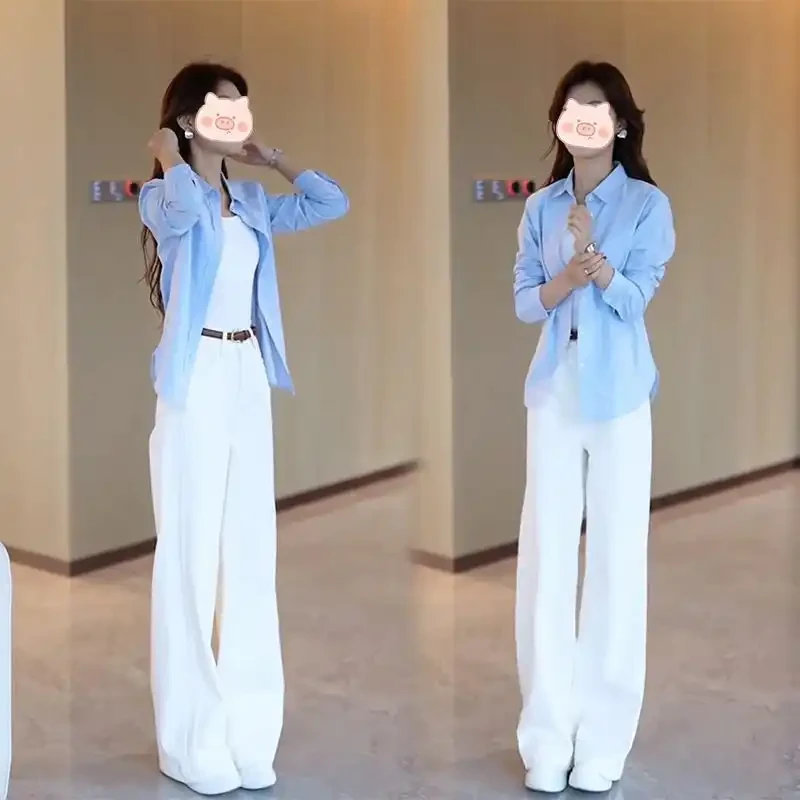 高级感百搭长袖衬衫女夏季爆款韩版外穿遮肉上衣牛仔阔腿裤两件套