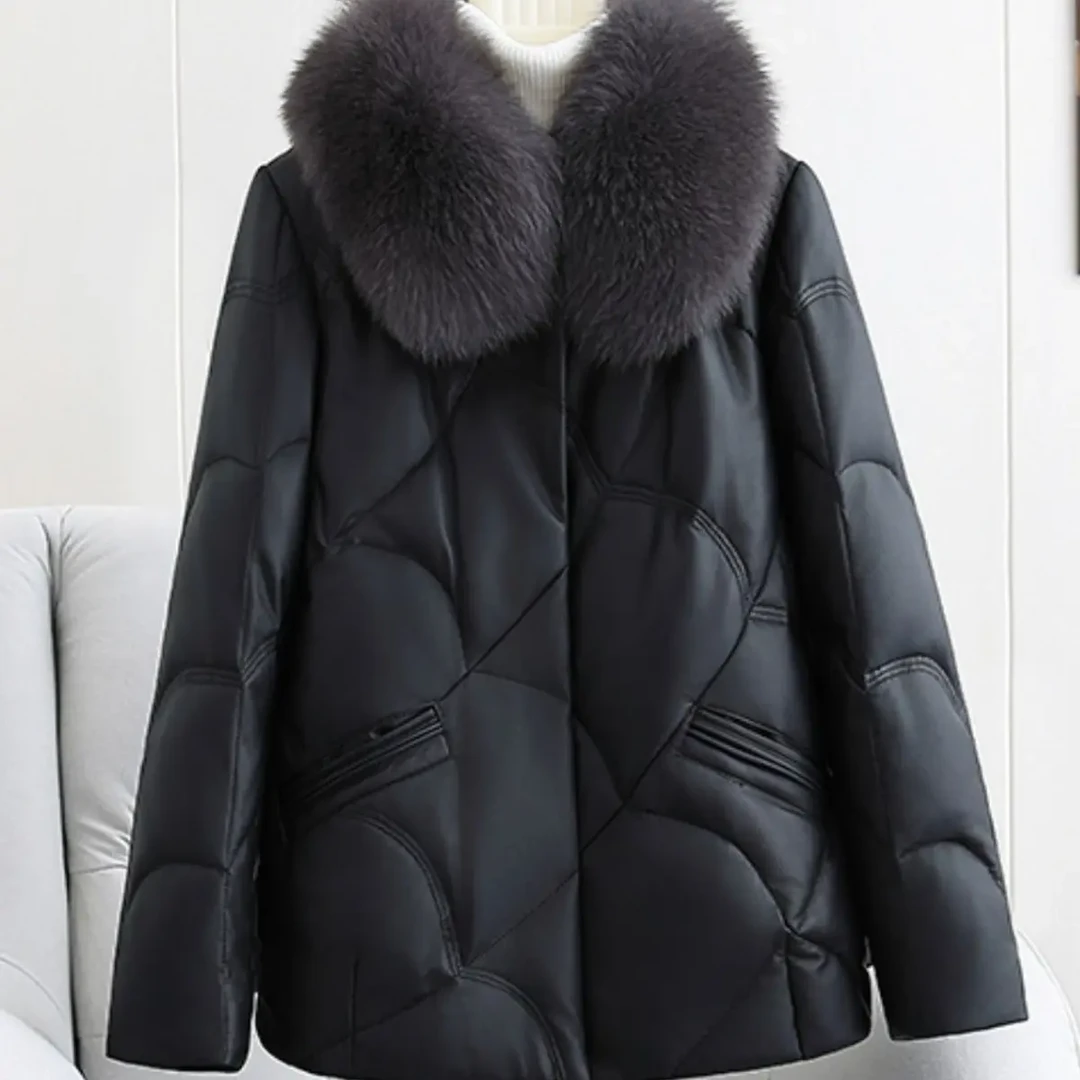 仿真皮羽绒女短款2025款加厚狐狸毛领皮草绵羊皮妈妈海宁皮衣