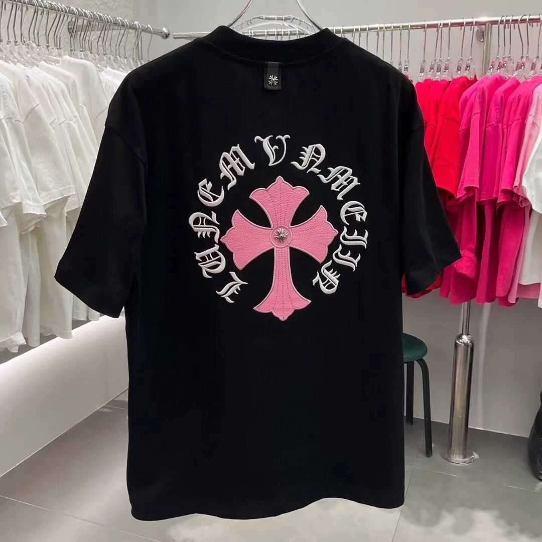 高街十字架梵文短袖立体刺绣字母暗黑T恤宽松夏季休闲小众设计感t
