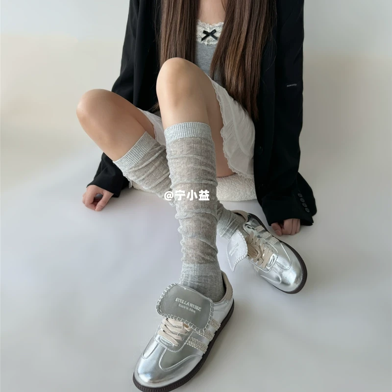 宁小益微透竖条纹拼接小腿袜子女薄款春夏秋格雷系灰色长筒堆堆袜