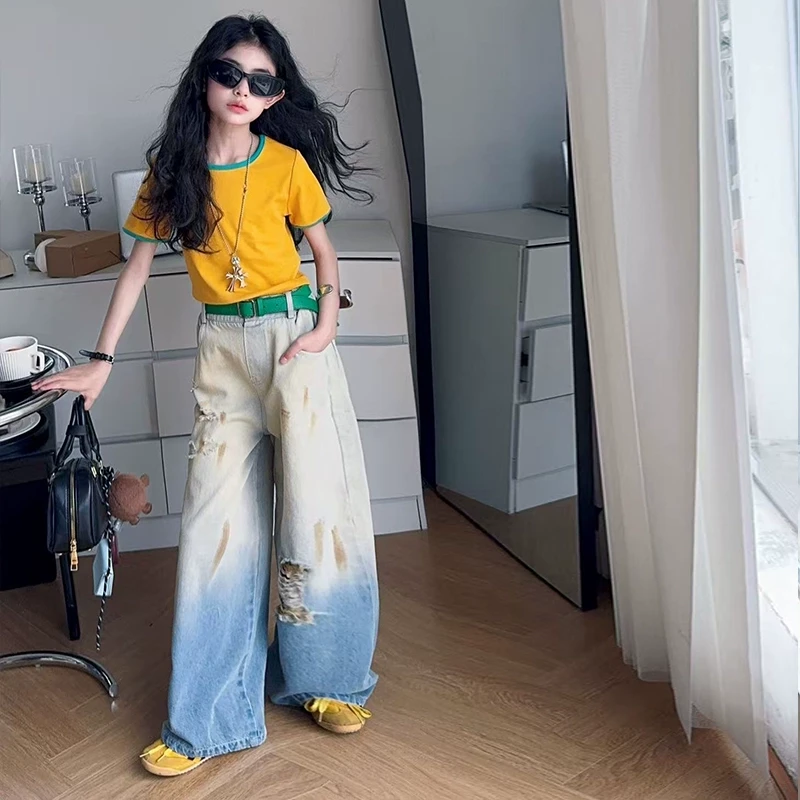 女童2025新款洋气夏款休闲时尚脏脏库流行元素手绘渐变破洞裤套装