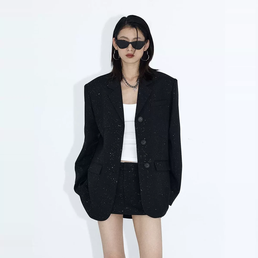 ourhour 满天星碎钻 黑色亮闪宽松廓形西装外套 女春季设计感西服