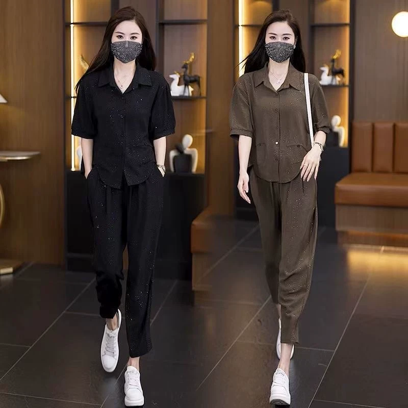 2025夏季新款中年洋气套装时尚细闪衬衫遮肉显瘦减龄休闲两件套女