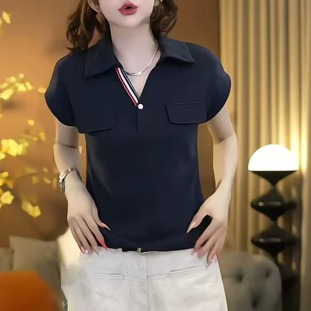 欧货2025年夏季新款v领正肩短袖t恤女设计感独特翻领修身显瘦上衣