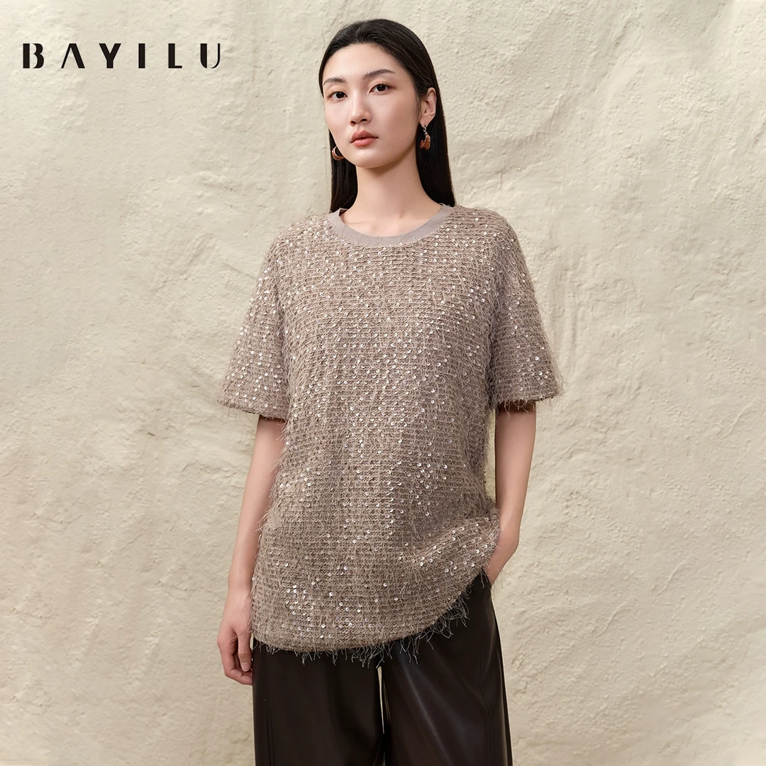 【女乔】芭依璐2025春季T恤女小香风亮片流苏宽松上衣91T1969
