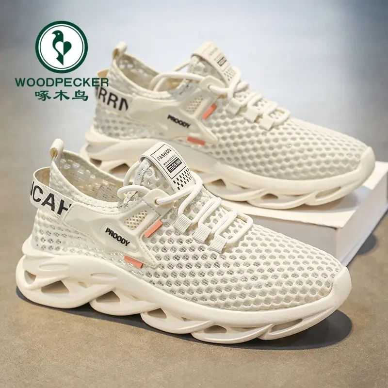 【正品】啄木鸟春季男款百搭网面鞋飞织透气薄款网孔轻便休鞋子男