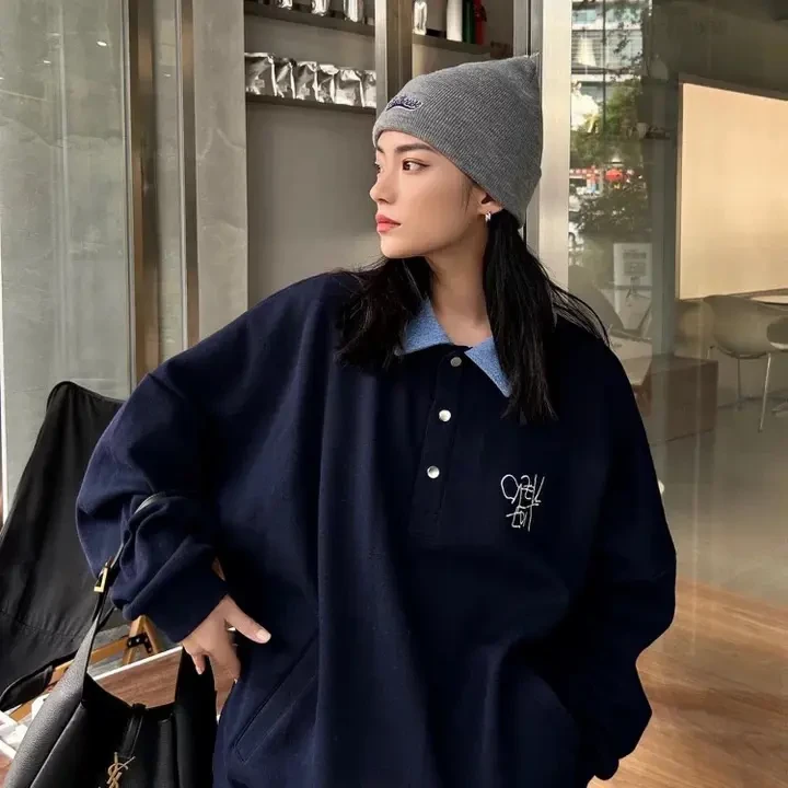 美式复古学院风polo领宽松慵懒风长袖卫衣秋冬百搭休闲上衣