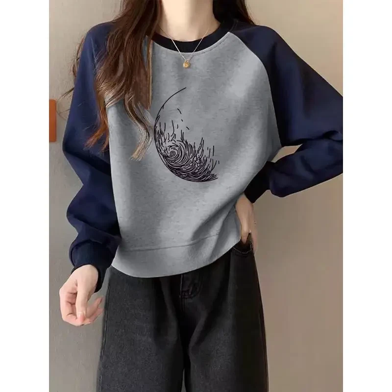 美式复古插肩长袖加绒卫衣女秋冬短款小个子宽松套外套爆款上衣