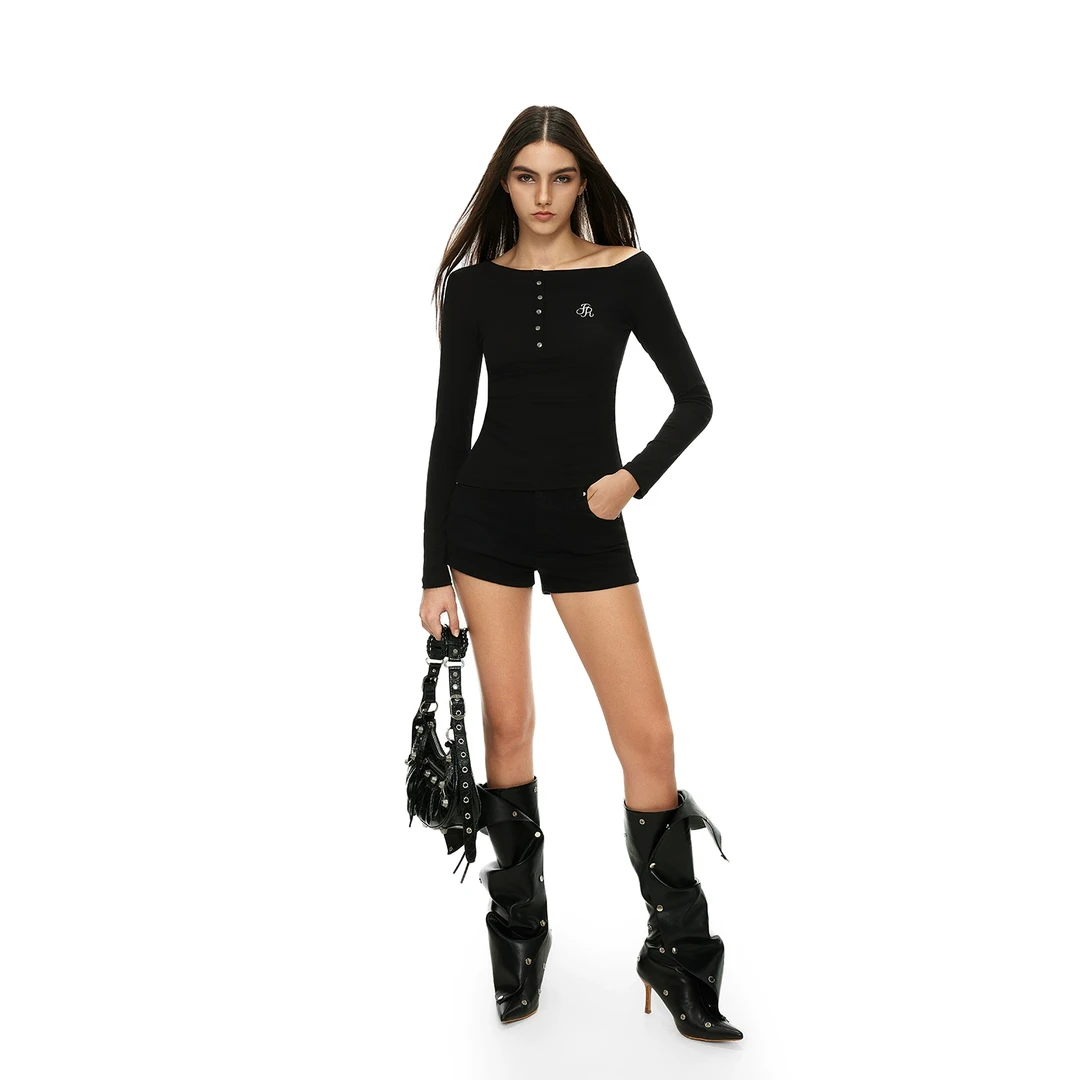 FDR官方店斜肩长袖T恤女秋季美式辣妹黑色百搭修身显瘦打底上衣