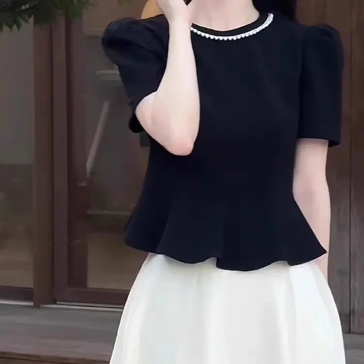 689珍珠领法式气质穿搭小香风黑色百搭修身上衣泡泡袖女装