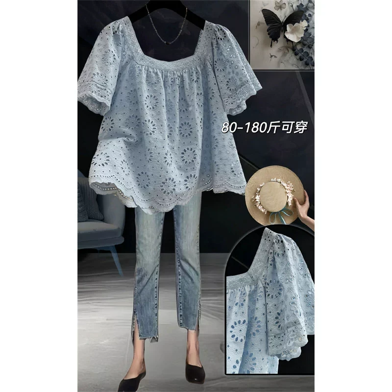 夏季设计感镂空方领泡泡袖蕾丝衫上衣胖妹妹薄款大码衬衫短袖