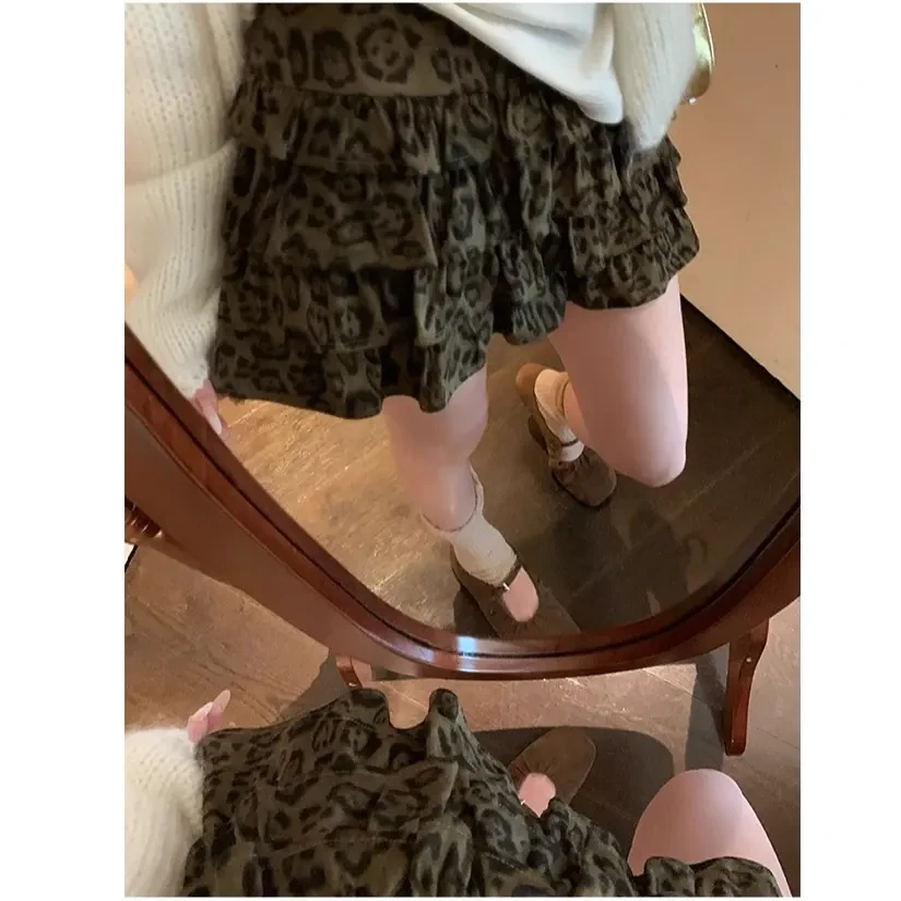 豹纹A字半身裙辣妹休闲百搭蛋糕裙女韩系复古设计感秋冬显瘦短裙