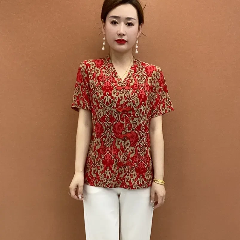 2025夏季妈妈装V领时尚国风复古中老年常规款洋气百搭短袖上衣