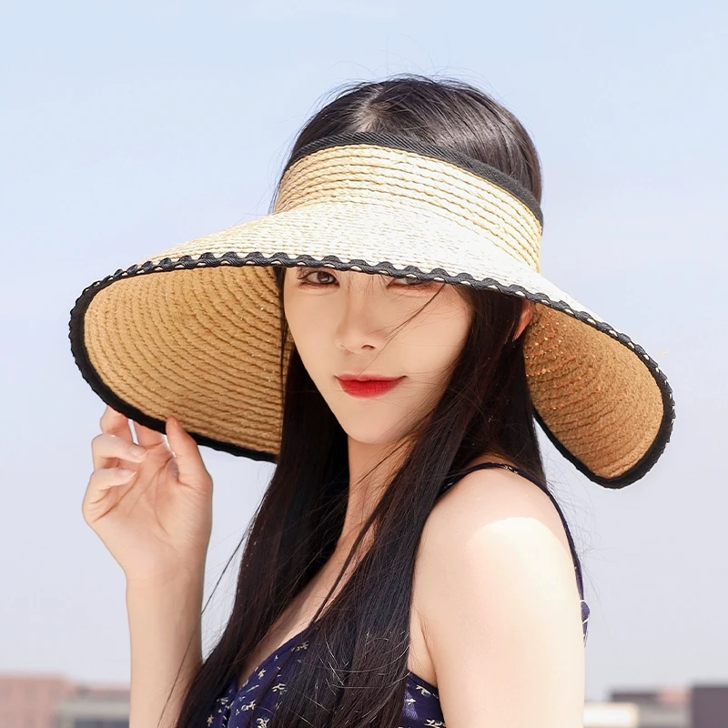 拉菲草空顶帽女时尚洋气夏季遮阳防晒大帽檐可折叠氛围感草帽