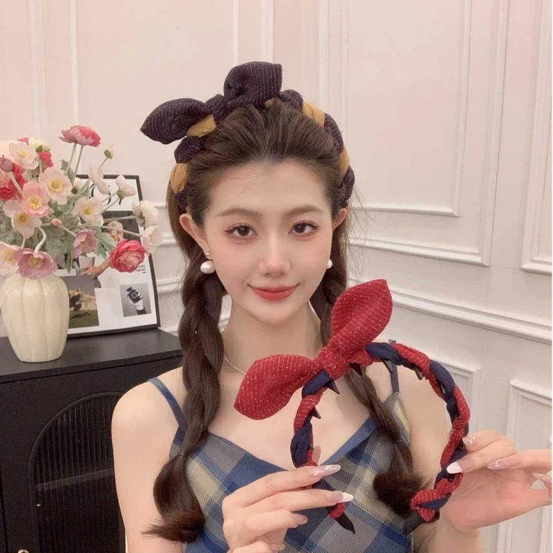 百搭条纹蝴蝶结发箍新款发饰日常外戴头箍带齿防滑发捆拼色头饰