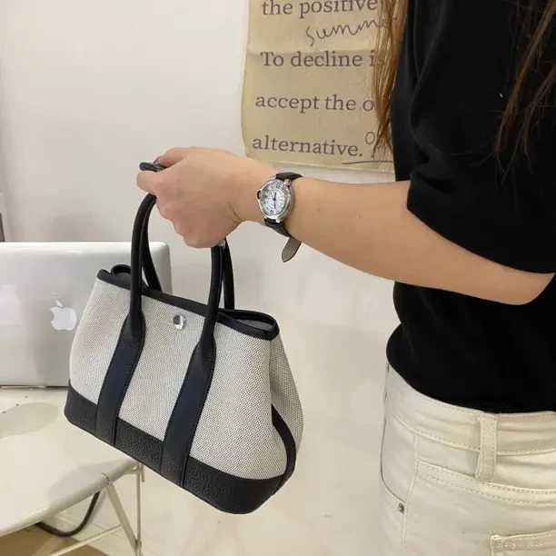 手工蜡线花园熊猫帆布编织撞色女士手提单肩包包