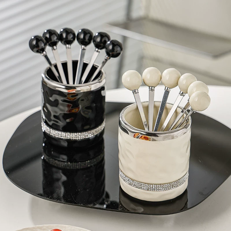 【新疆西藏包邮】轻奢不锈钢家用小叉子水果叉甜品叉陶瓷收纳罐高级