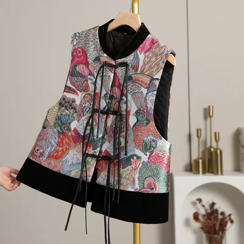 新中式国风刺绣锦缎提花马甲女2024春秋新款唐装宽松马夹立领坎肩