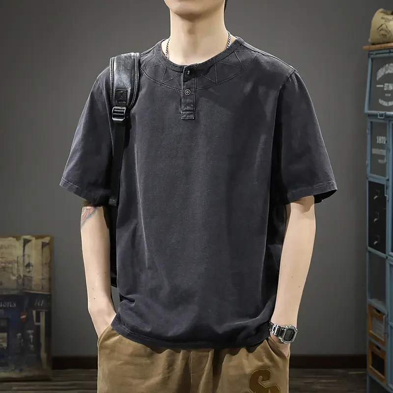 夏季新款重磅亨利领短袖T恤男热销舒适帅气宽松休闲百搭T恤保罗衫