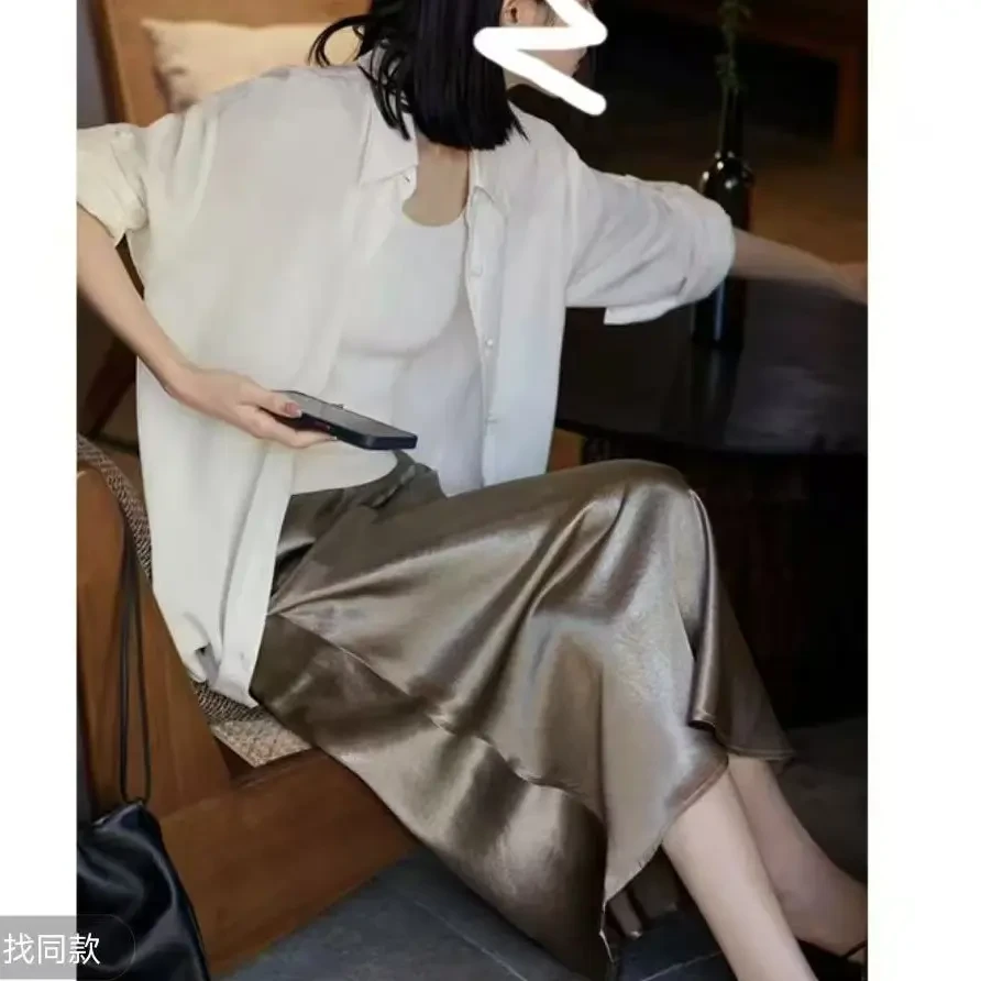 【松紧腰+拉链+侧开叉】春夏半身裙女新款珠光缎A字裙显瘦女装裙子